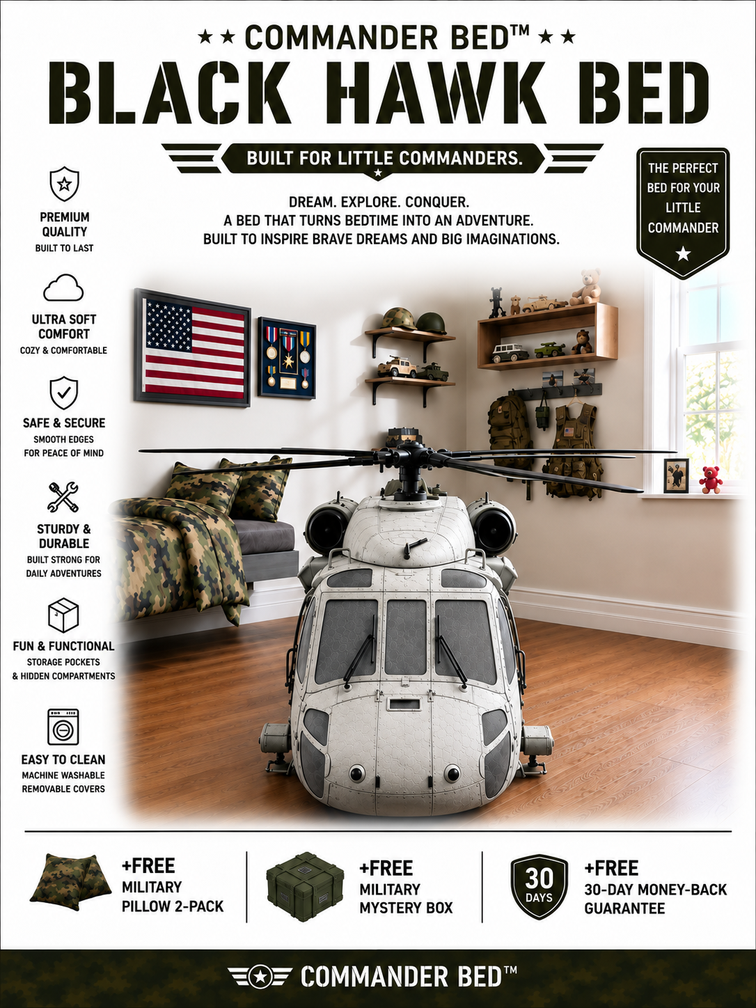 Commander Bed™ – Black Hawk Helicopter White Ghost Camo